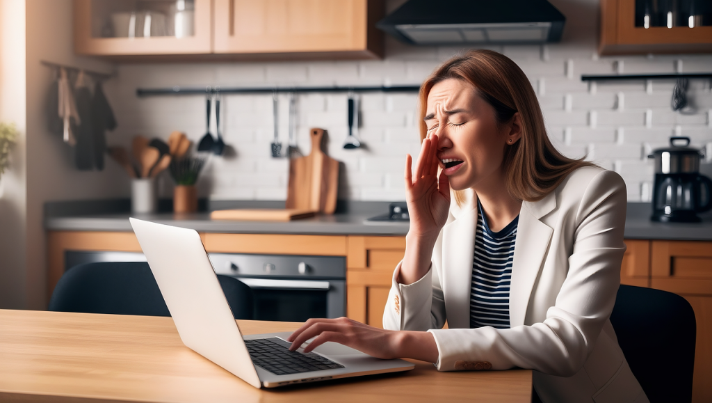 ai generated, woman, working from home, sneeze, home, tired, sleepy, portrait-8961954.jpg